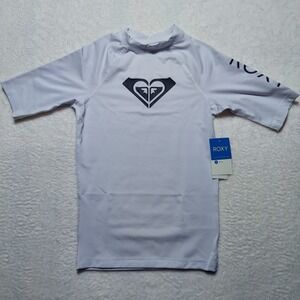 Roxy Rash Guard Kids 12 L White New Wholehearted Short Sleeve UPF 50+ ERGWR03283